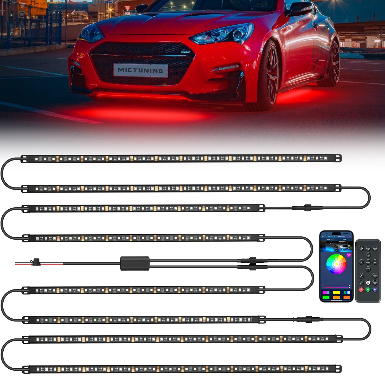 MICTUNING 8x Car RGBW LED Underglow Lights Aluminum Underbody RGB Lamp Strip Kit