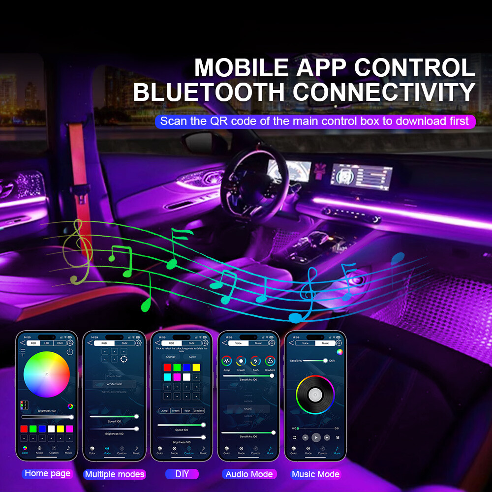 Car Symphony Ambient Light 256 Color RGB Led Atmosphere Acrylic Strip Remote APP