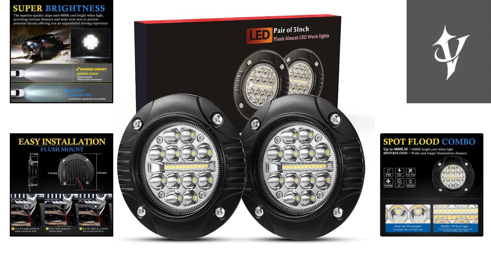 48W Flush Mount LED Work Light Pods – Combo Spot Flood Design – Waterproof