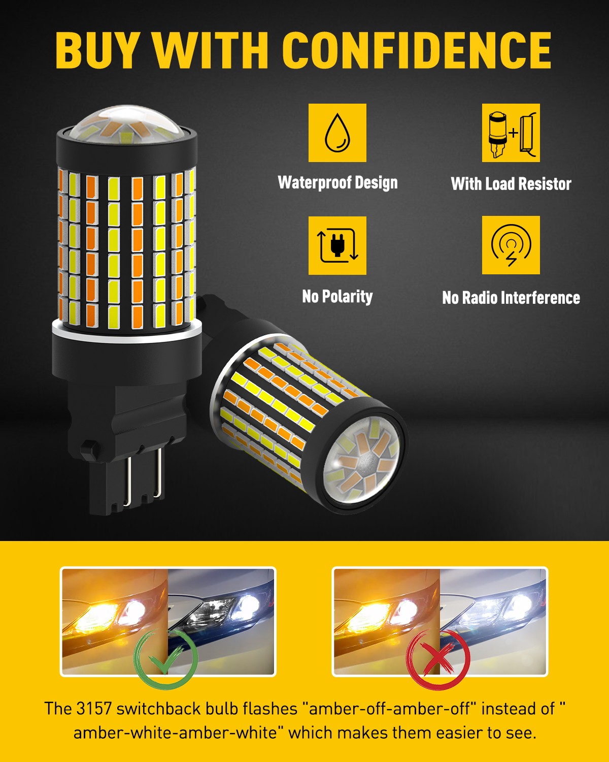 2x 3156 3157 LED Turn Signal Lights DRL Switchback Amber Yellow White Dual Color