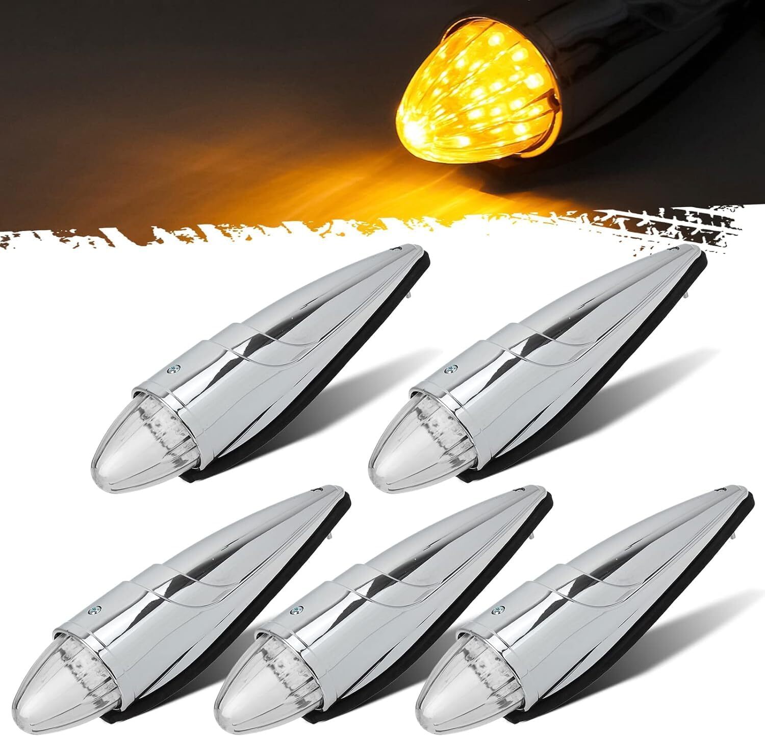 5x 17 LED Amber/Clear Lens Torpedo Cab Marker Roof Running Top Lights Chrome 12V