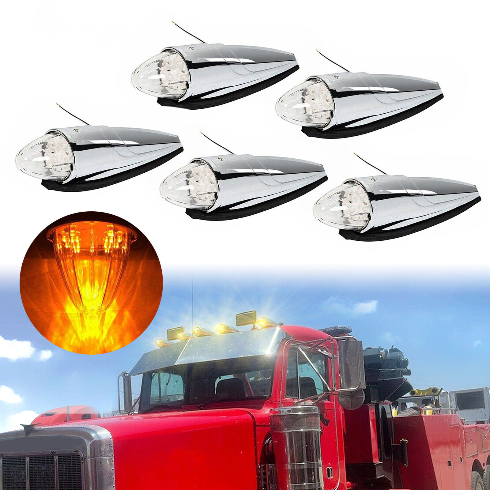 5pcs Roof Top Cab Lights Amber Marker Lights Chrome For Kenworth Mack Peterbilt