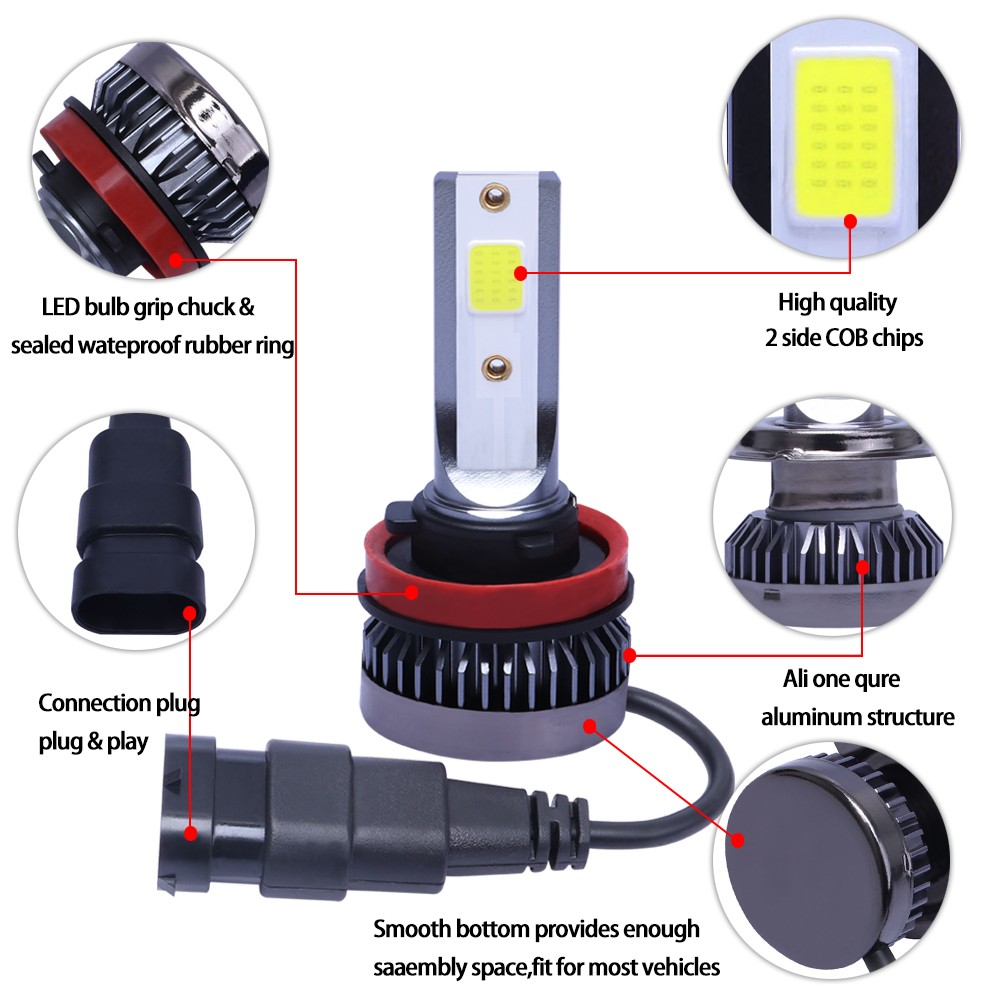 2-Sides H11 LED Headlight Combo High Low Beam Bulbs 72000LM 6000K White 4PCS