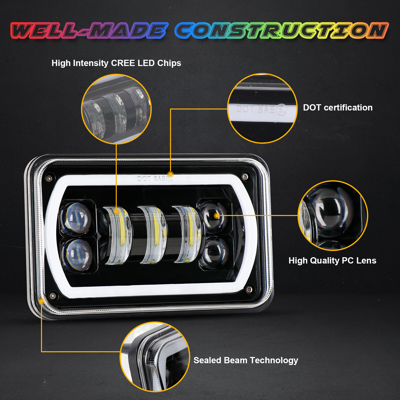 4pc 4×6 RGB LED Headlights Hi/Lo DRL Lamp For Chevrolet Monte Carlo 80-88 Camaro