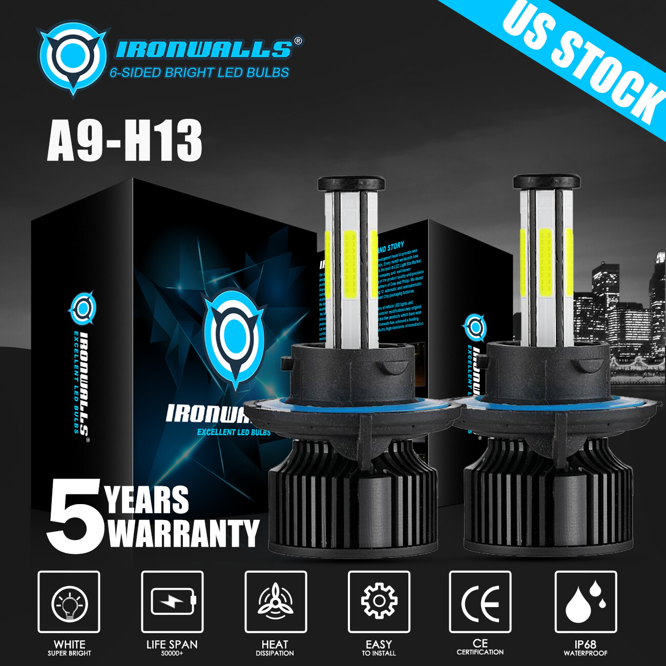 6-Sides H13 9008 LED Headlight High Low Beam Bulbs Super Bright White 450000LM