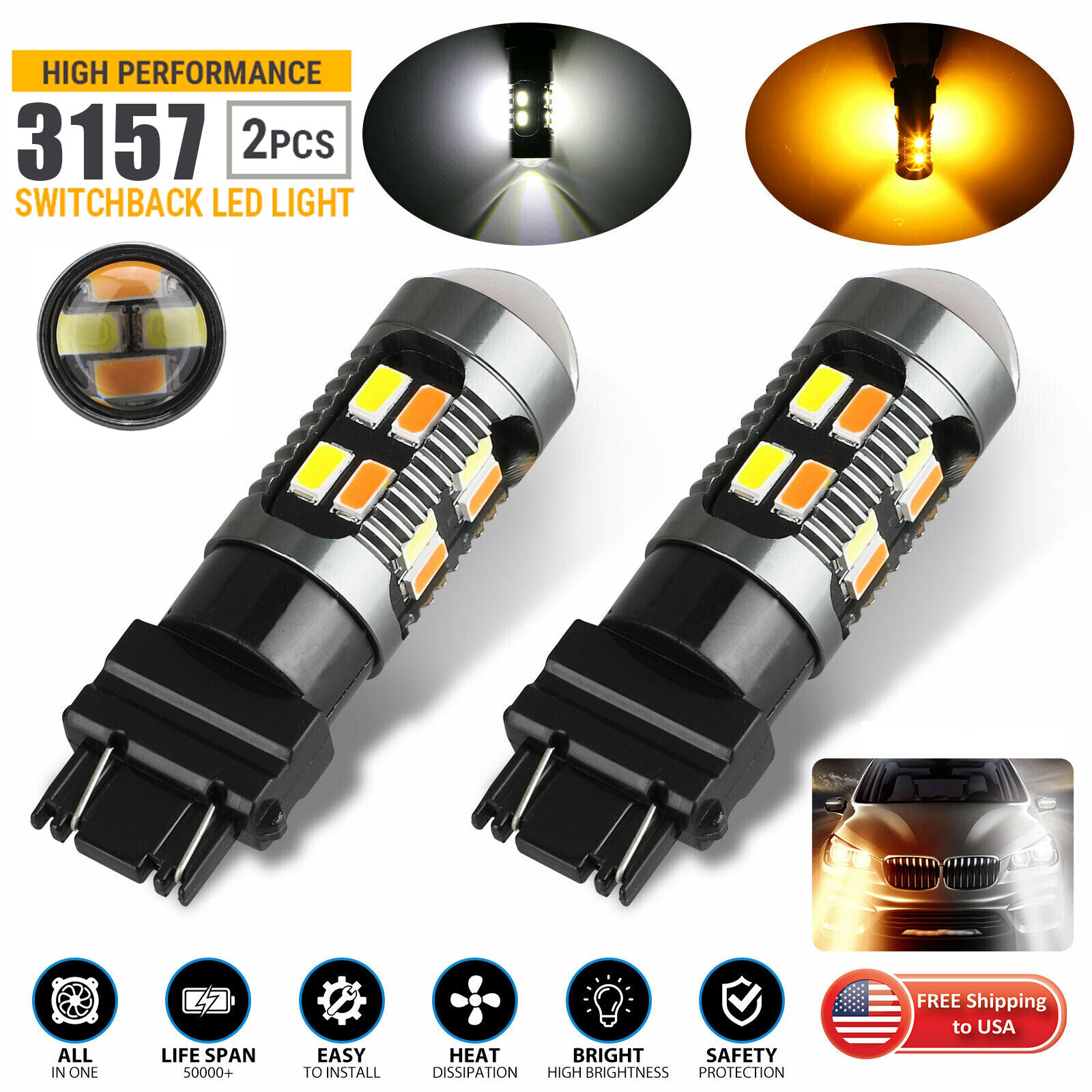 2X 3157 3156 Switchback LED Turn Signal Light Bulbs DRL 4157na 3457a White Amber