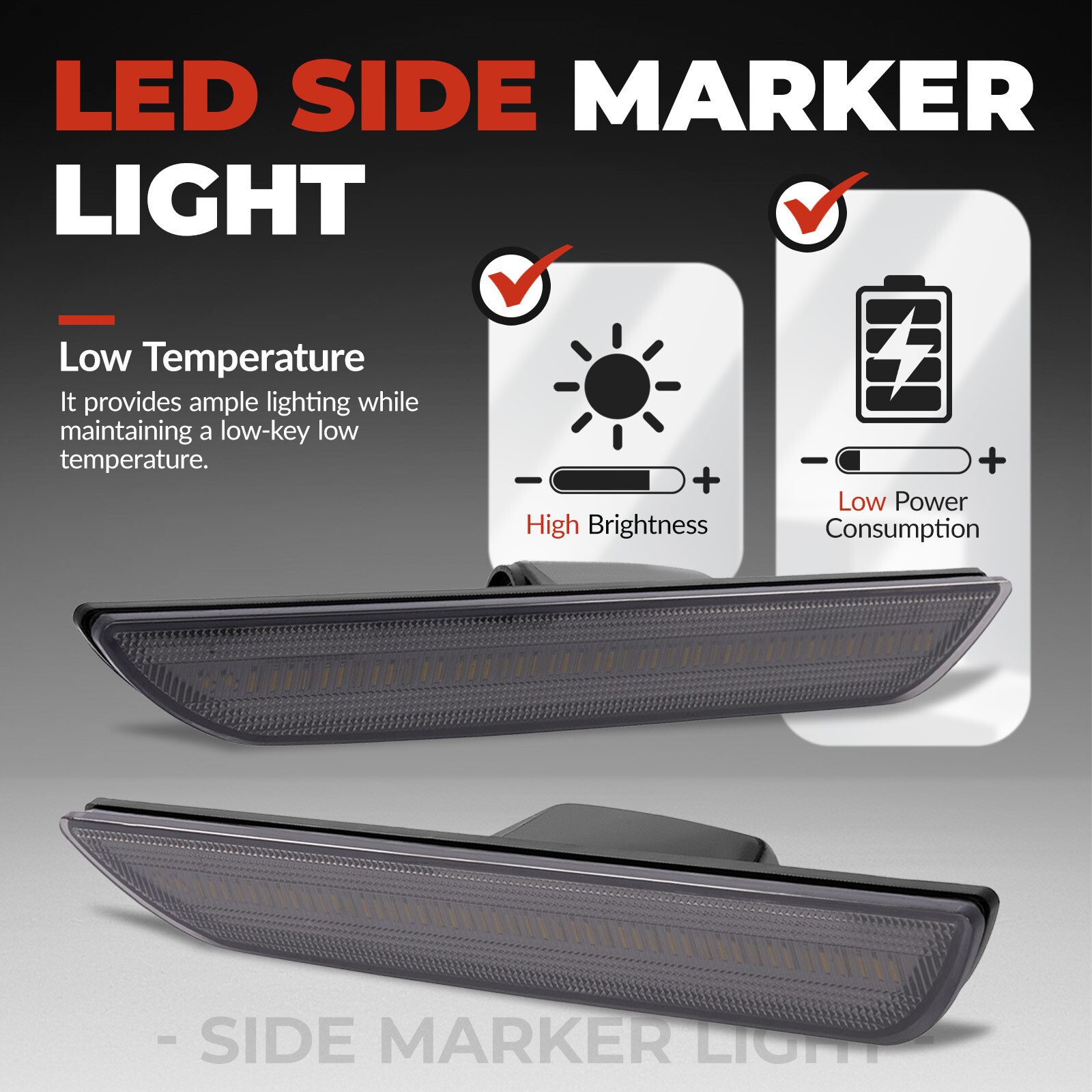 2PCS White LED Side Marker Lights Rear For Ford Mustang 2015-2023 Smoked Lens