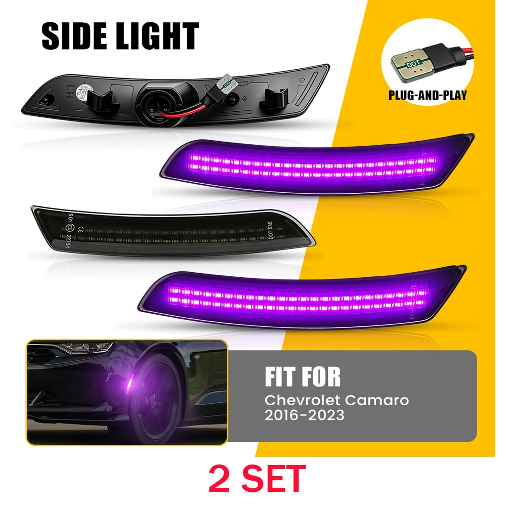 Front Rear Smoked LED Side Marker Lights Purple 8X For 2016 17-2023 Chevy Camaro