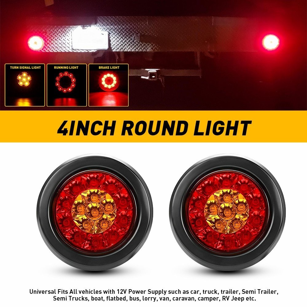 2X Amber/Red 16 LED Round 4″ Truck Trailer RV Brake Stop Turn Signal Tail Lights