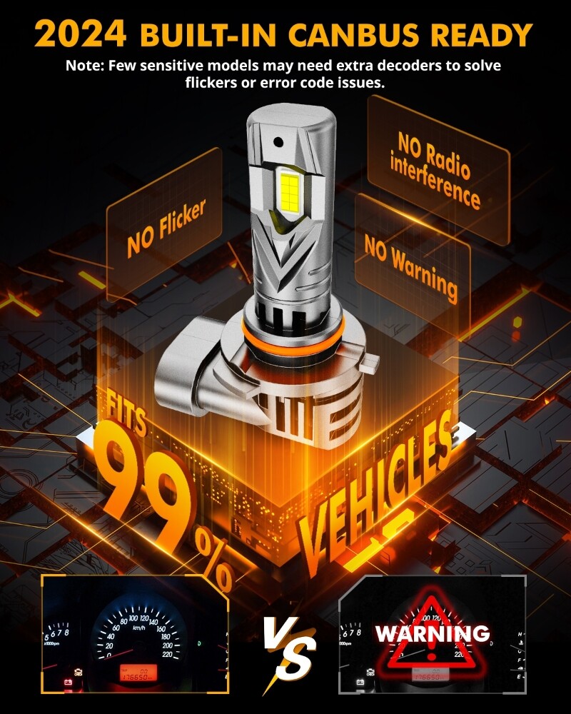 AUXBEAM 1:1 9005 9006 LED CANBUS Headlight Bulbs High Low Beam Fanless 25000LM