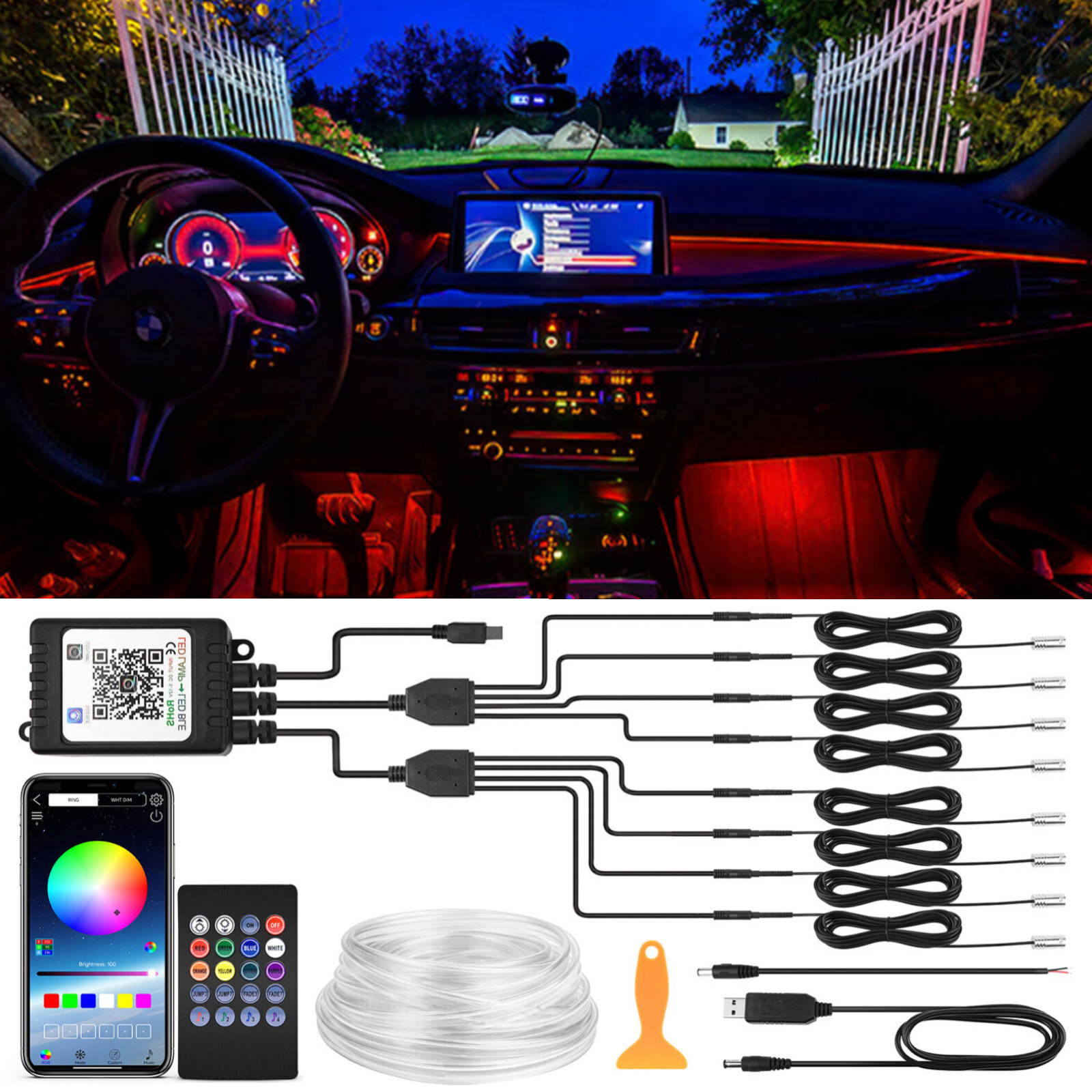 Interior Car RGB LED Strip Lights 8 in 1 Neon Ambient Decor Atmosphere Lights US