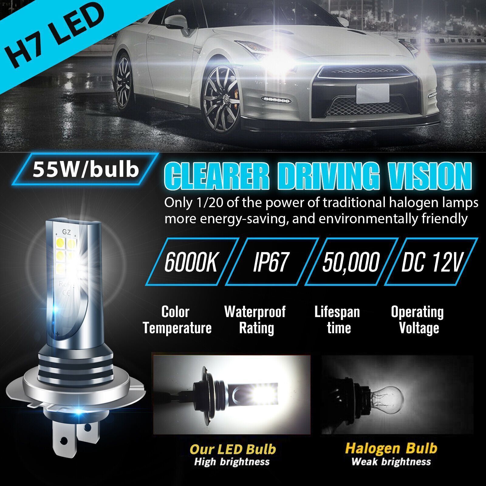 4x H3 LED Headlight Bulb Kit High Low Beam 220W 60000LM Super Bright 6000K White