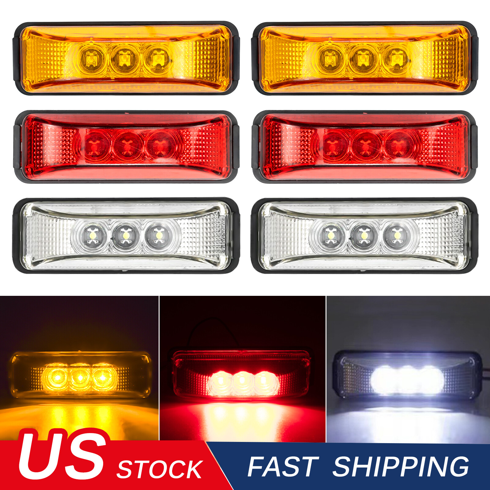 4PC Amber 3LED Side Marker Lights RV Truck Trailer Clearance Light Waterproof US