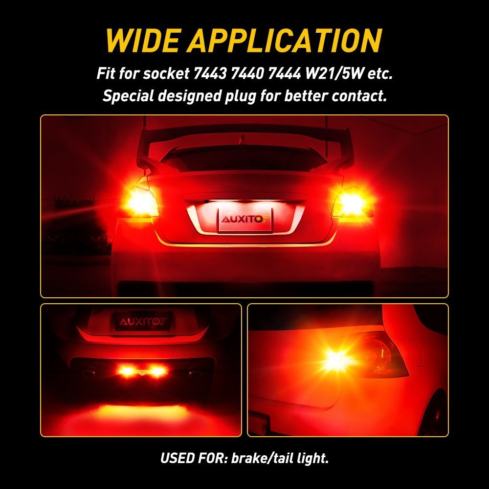 AUXITO 7443 7440 LED Red Flash Strobe Brake Stop Tail Parking Light Bulbs CANBUS