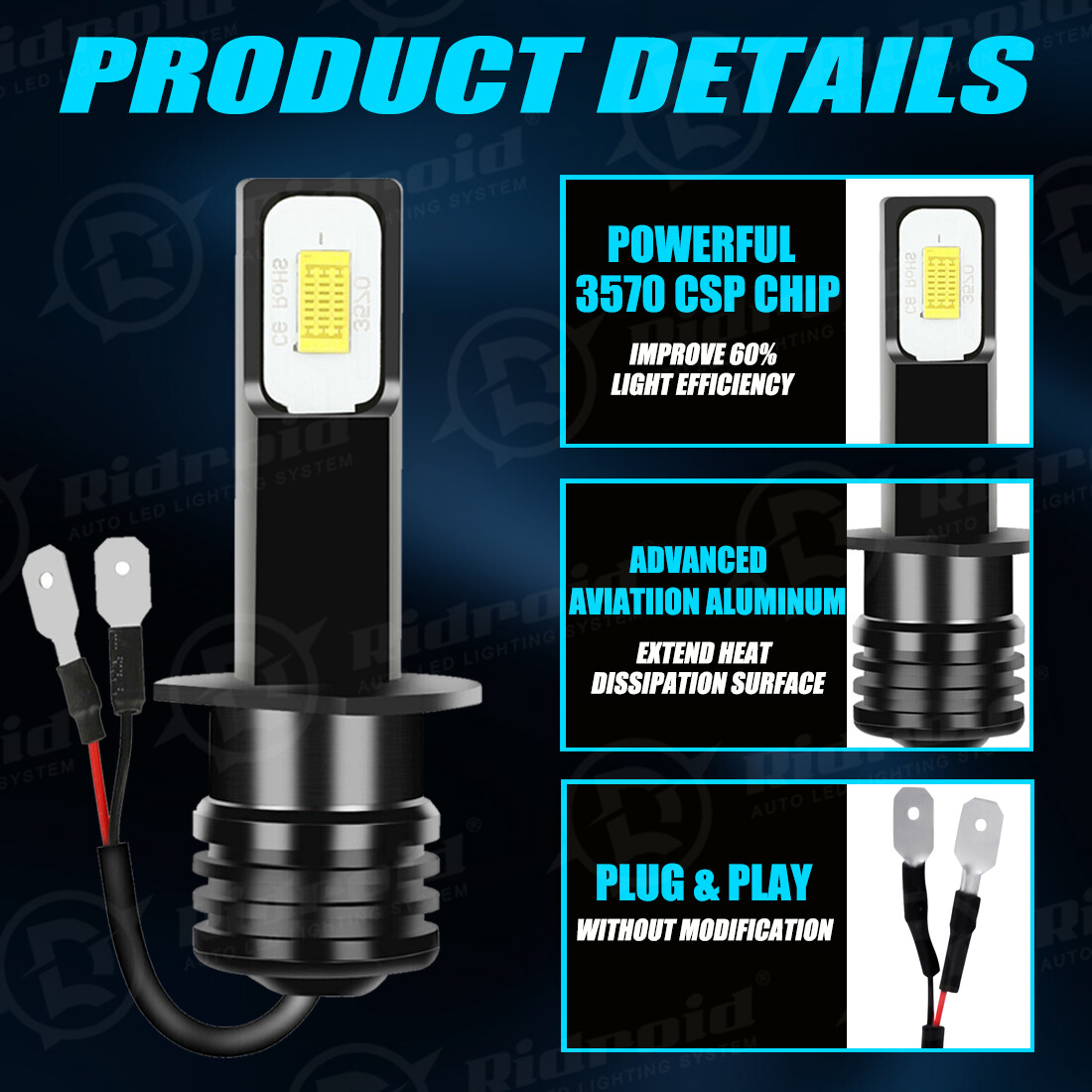 RIDROID H1 LED Headlight Bulb Conversion Kit High Low Beam Lamp 6500K White 2X