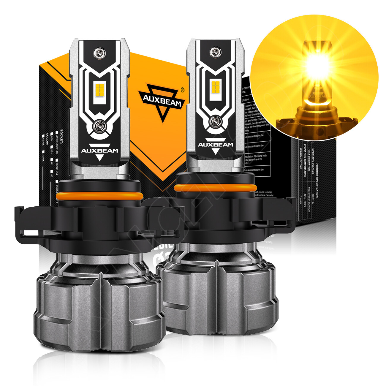AUXBEAM Pair H16 5202 LED Fog Light Bulbs 120W 25000LM 3000K Super Bright Yellow