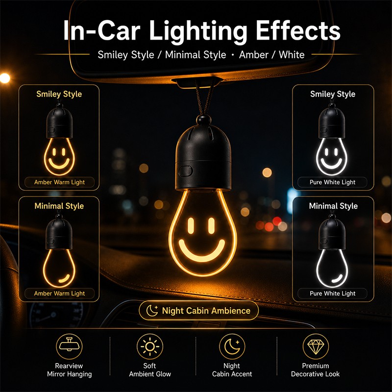 Car Hanging Bulb Light Smile LED Rearview Mirror Pendant Ambient Lamp AmberWhite