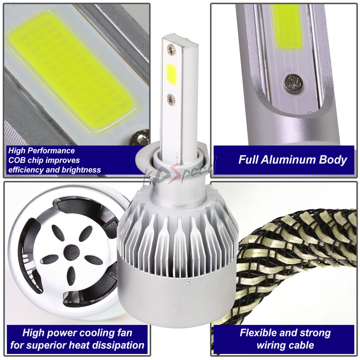 2x White LED H1 6000K 50000 Hours Life/ Replacement Headlight Bulbs +Cool Fan