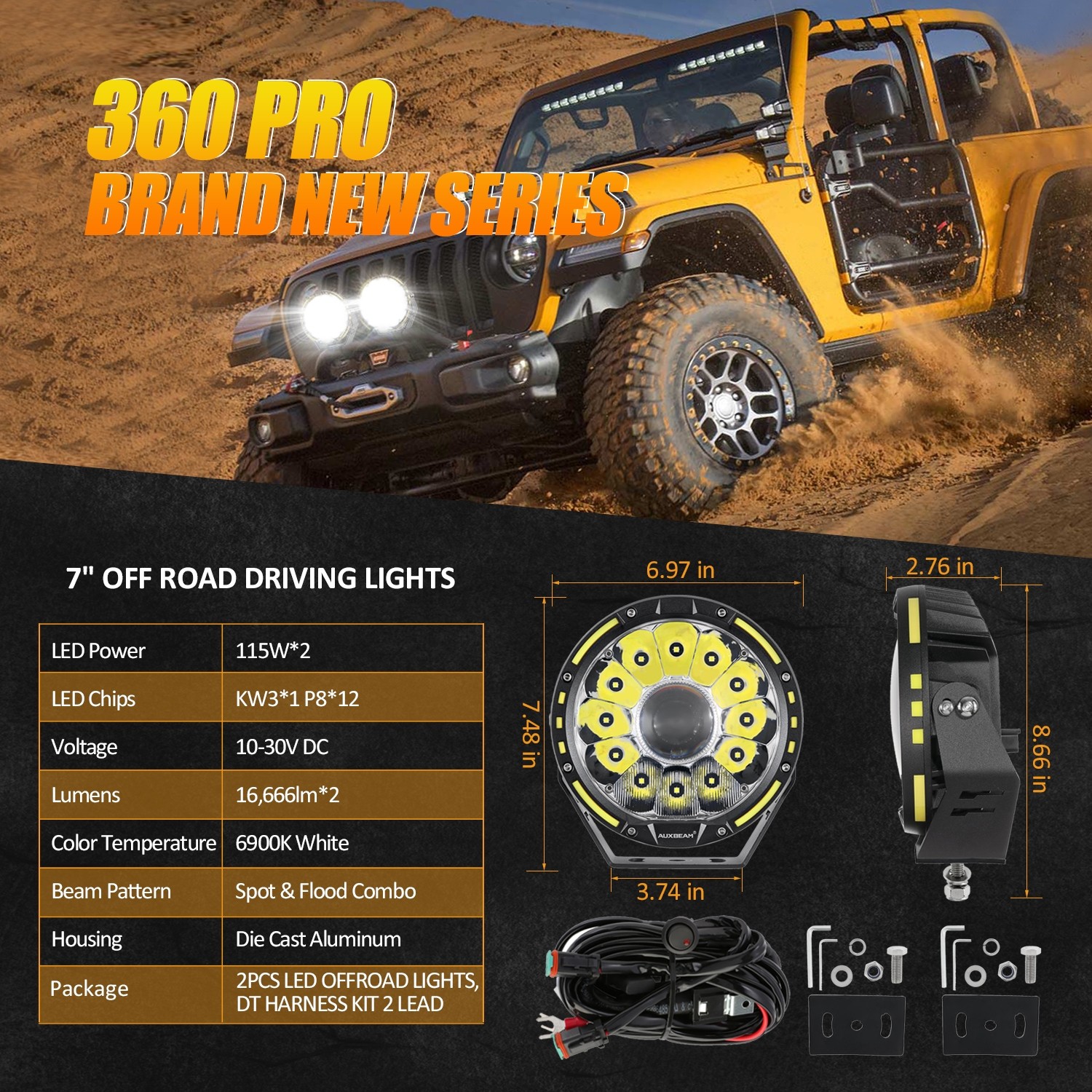 AUXBEAM 2pcs 7″ 360-Pro LED Driving Light Spot Work Light+Amber Cover For Ford