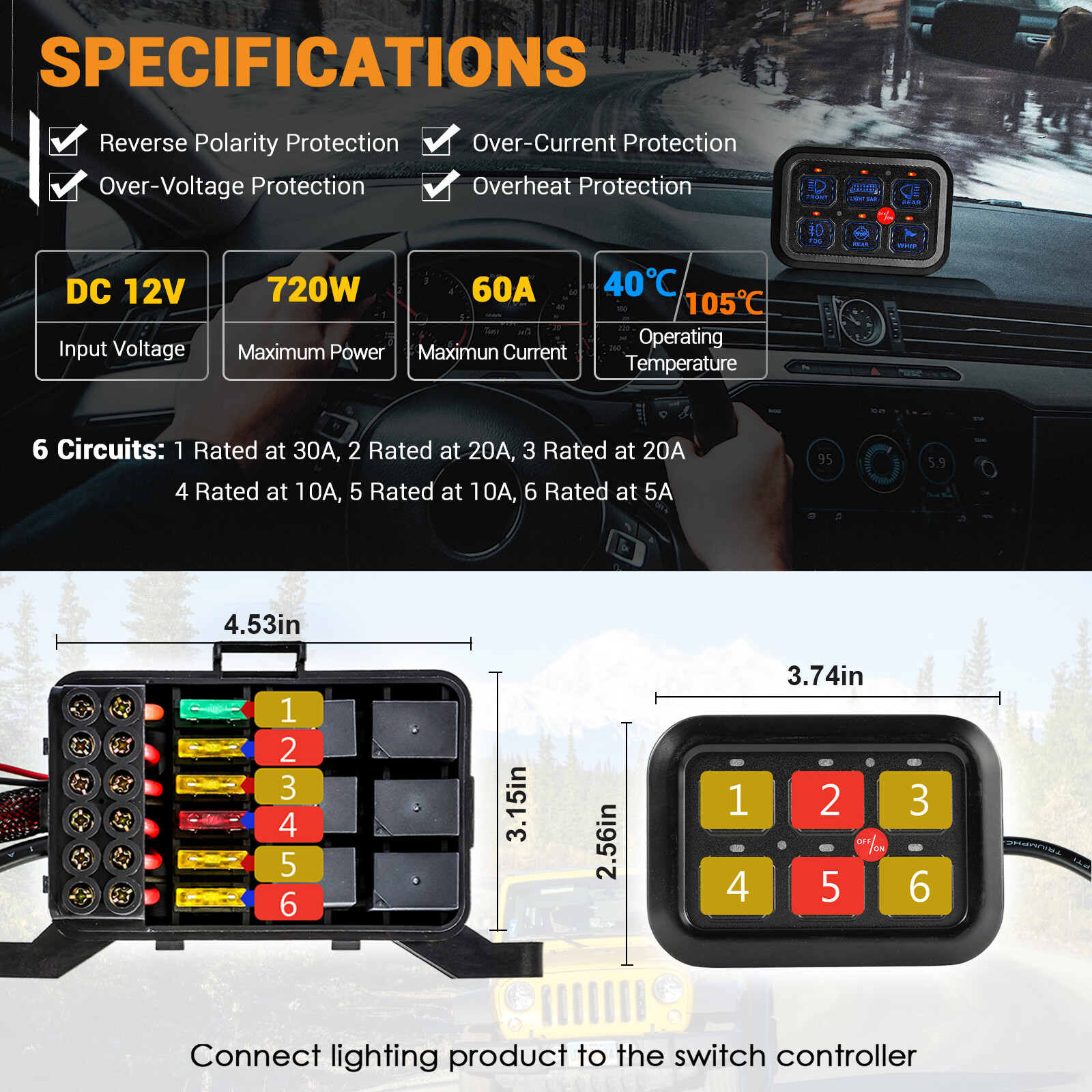 AUXBEAM Pickup 6 Gang 720W LED Work Light Control Switch Panel Relay System Blue