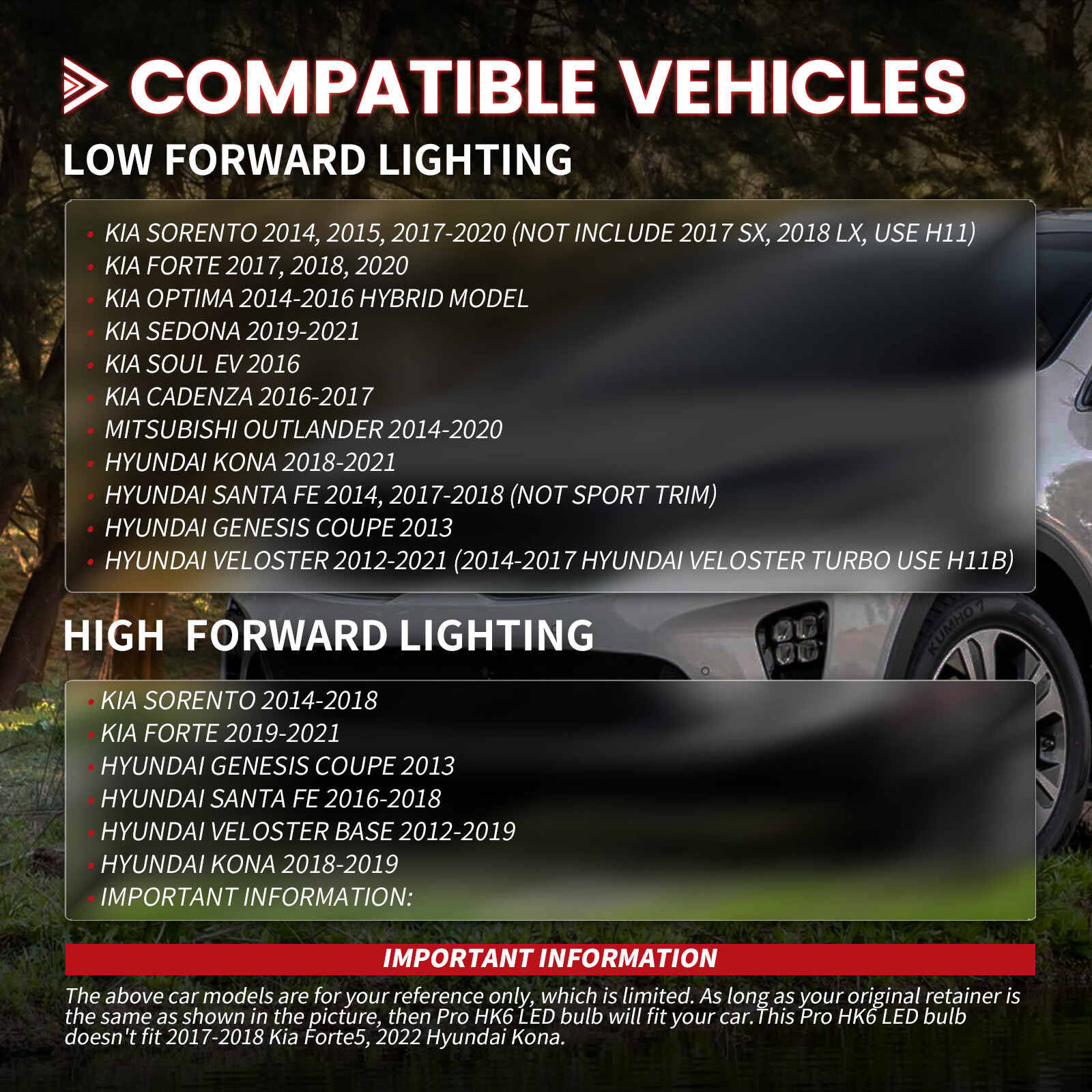 Lasfit Pro-HK6 LED Headlight Bulbs Low Beam for Kia Sedona 2019 2020 2021 White
