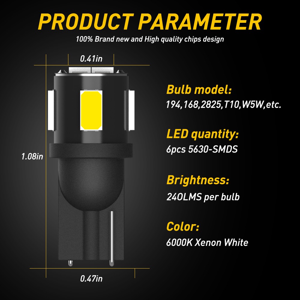 10-100 T10 194 168 W5W LED License Plate Interior Light Bulb 6000K White 5630SMD