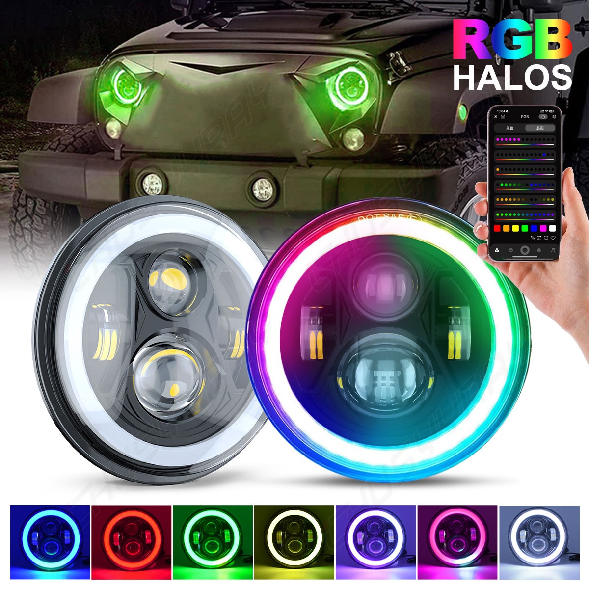 New Pair 7inch RGB LED Round Headlight Hi/Low Beam for Peterbilt 379 359 Trucks
