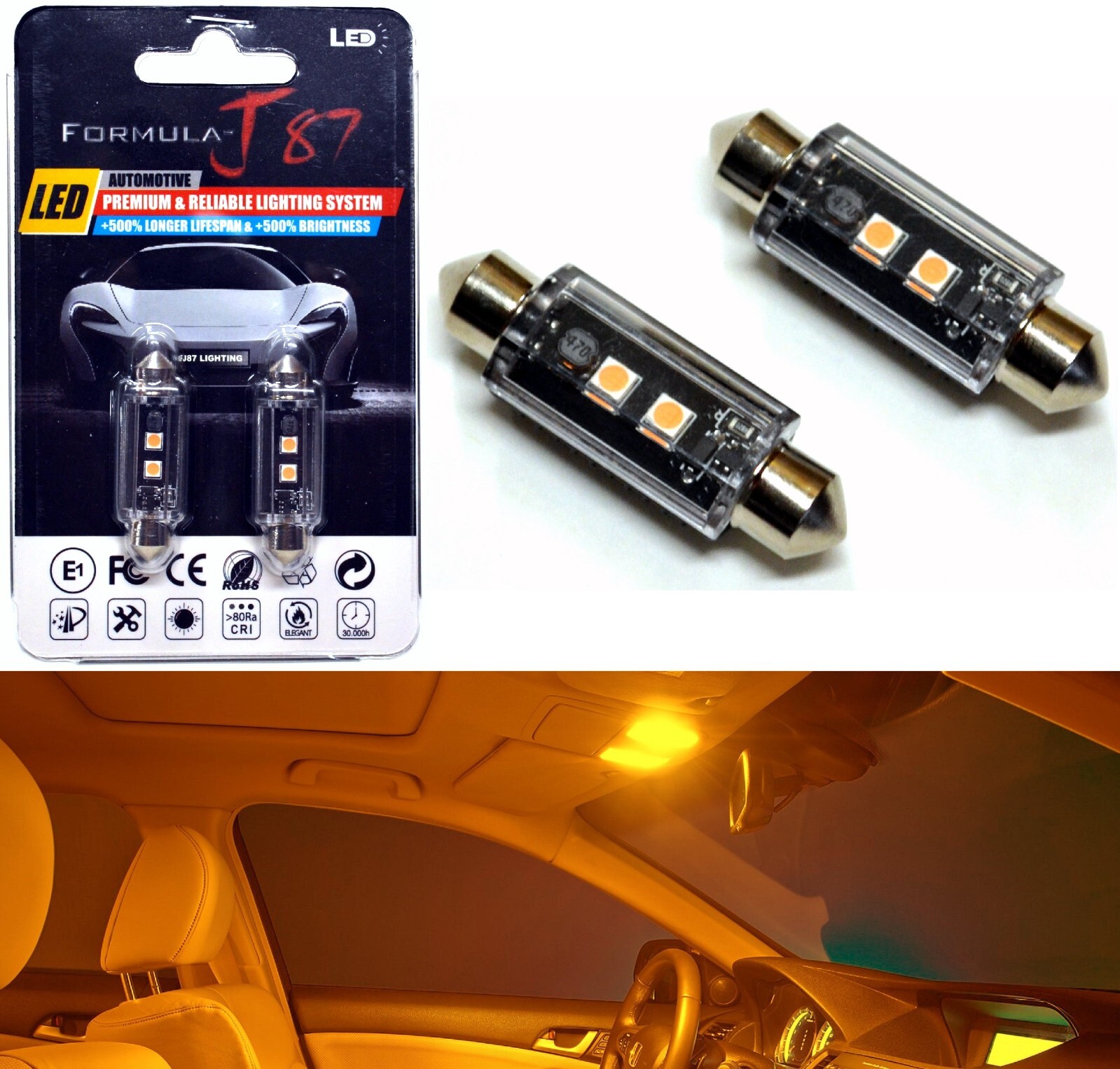 LED Light Canbus Error Free 6411 5W Orange Two Bulb Interior Dome Stock Lamp
