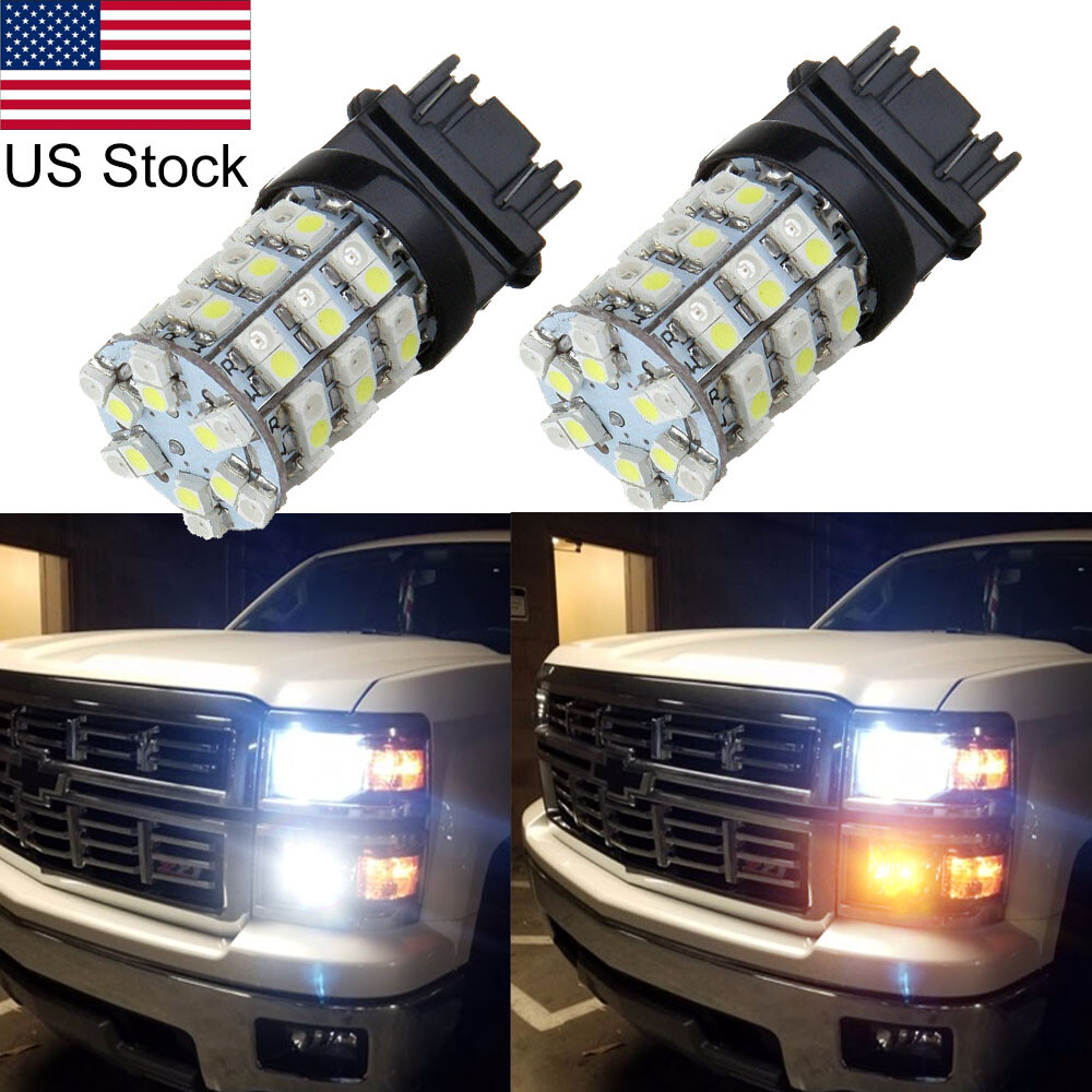 2pcs 3157 LED Amber White Switchback Turn Signal Light Bulbs For Chevy Silverado