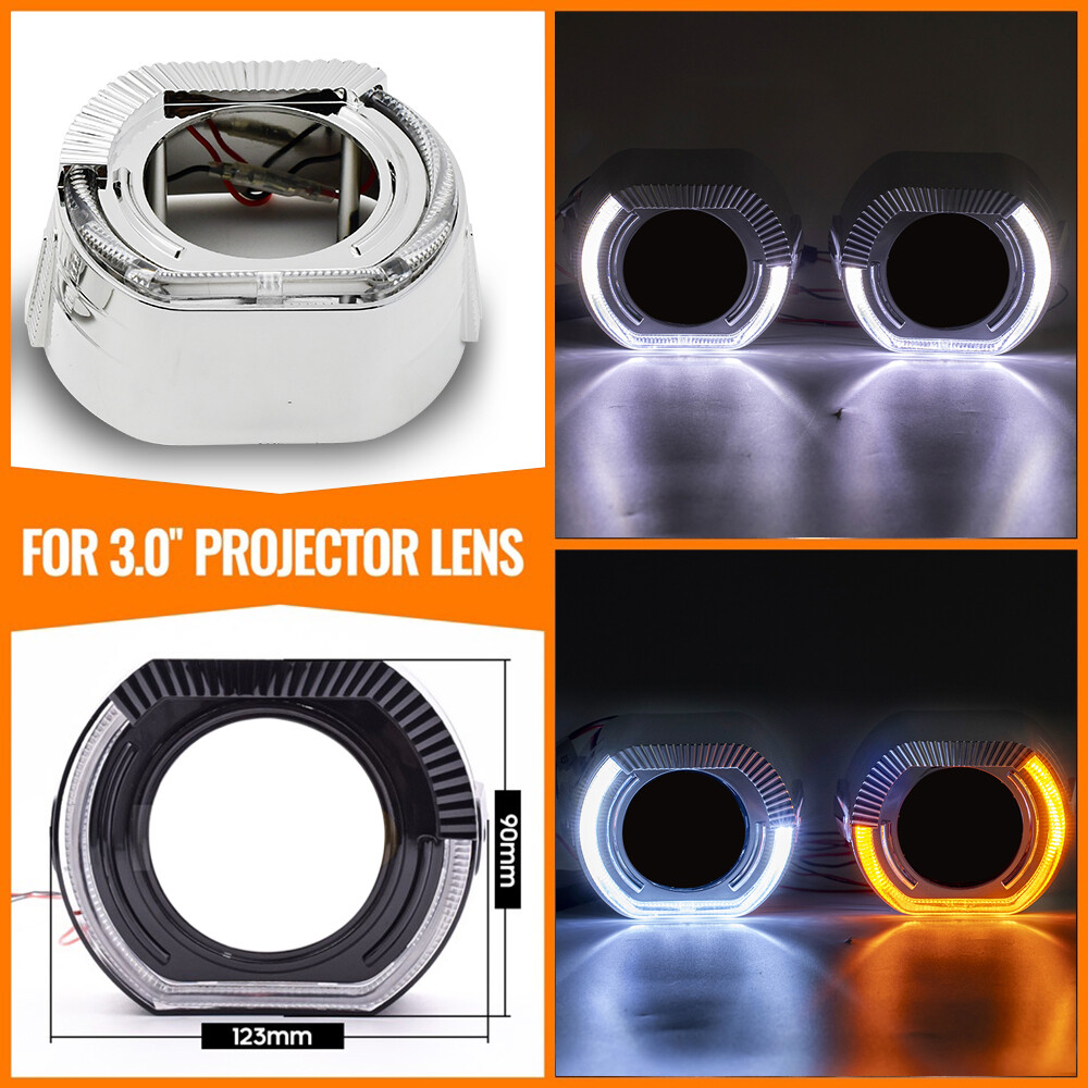 2x LED Angel Eyes Silver Black Shrouds Xenon LED Projector Lens Headlight DRL US
