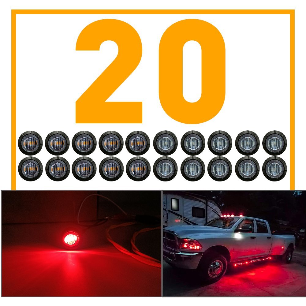 20X 3/4″ Side Marker Lights LED Truck Trailer Round Side Bullet Light Amber/Red
