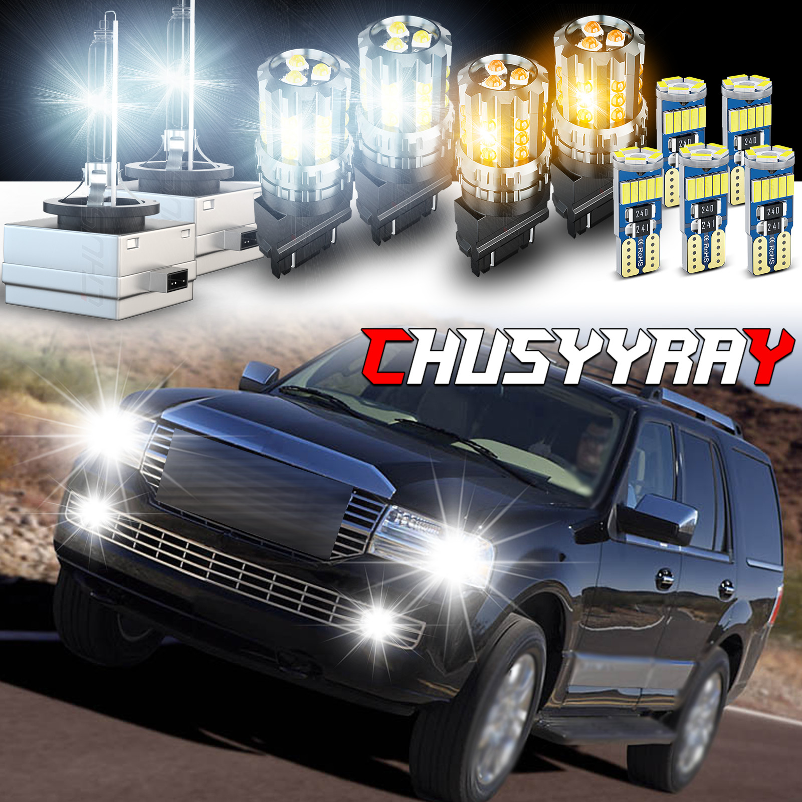 6000K Headlight & 3000K Amber Turn Signal Bulbs for Lincoln Navigator 2007-2014