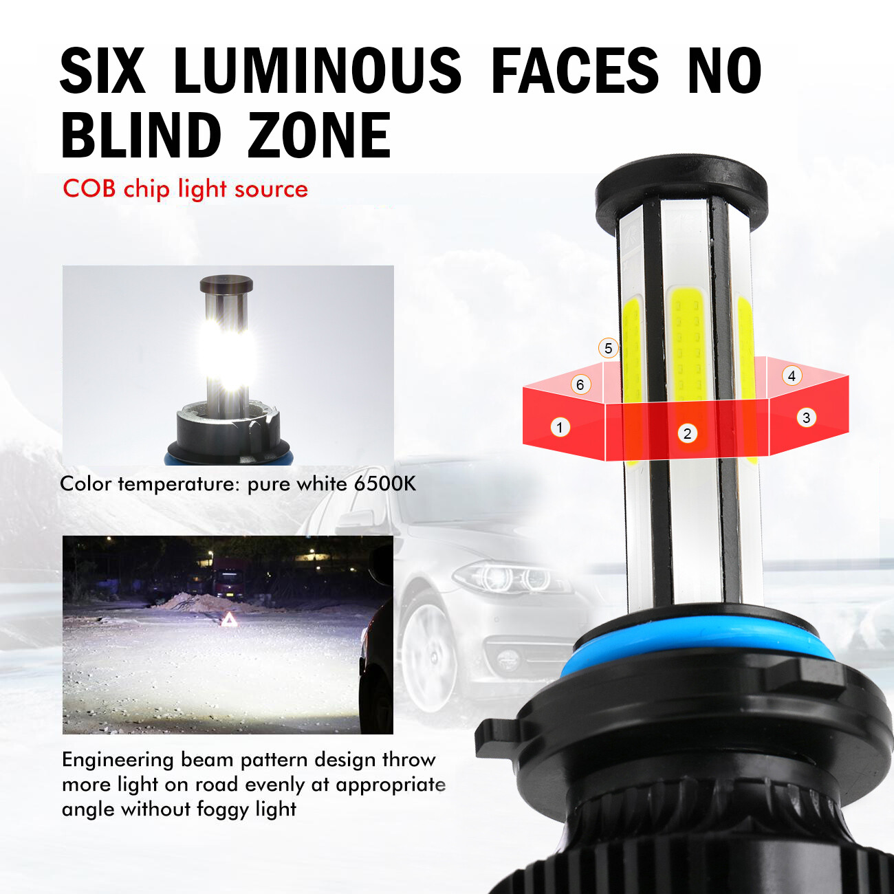 6-Sides 9005 H11 LED Headlight Bulbs Combo Kit High Low Beam Super Bright White