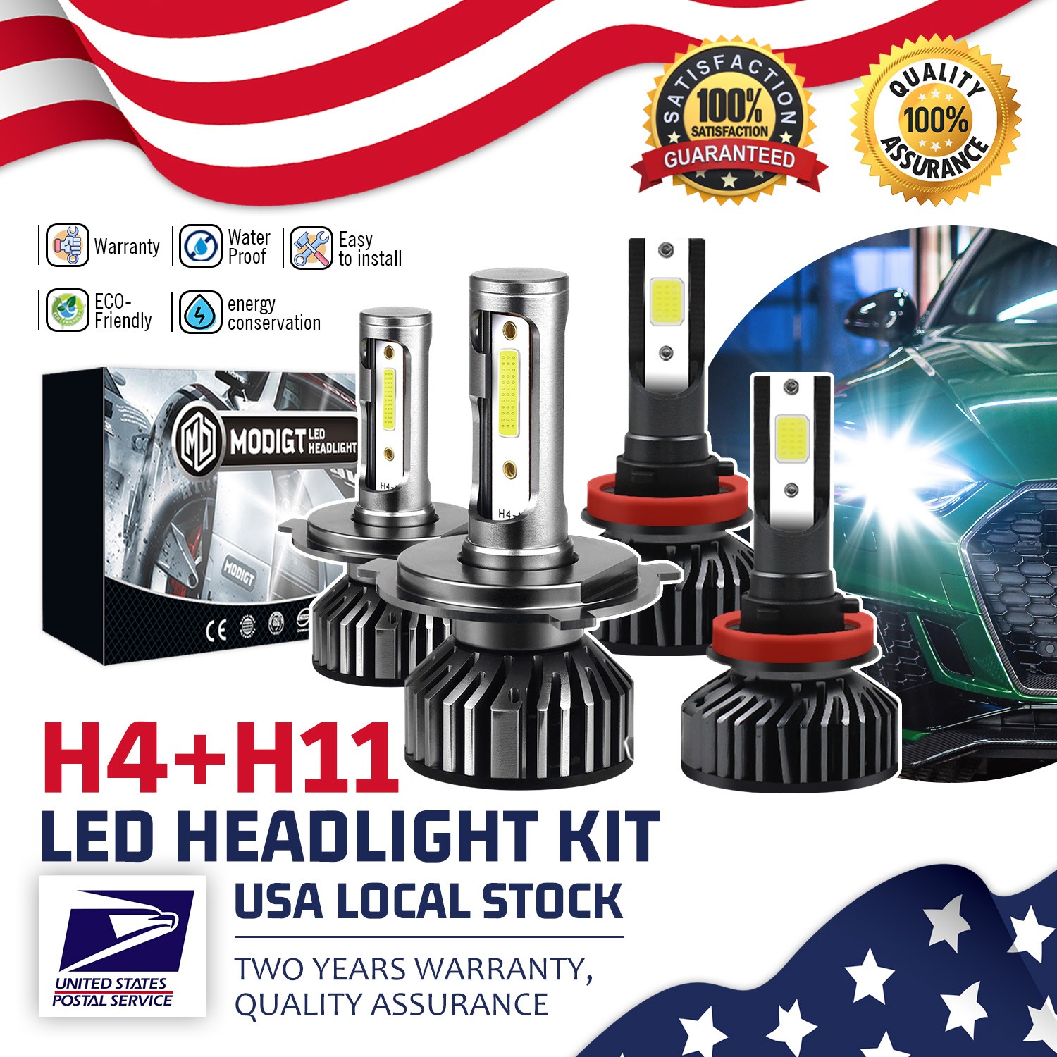 H8/H9 9003 LED Car Bulbs CSP High&Low Fog Beam Kit 6000K White IP67 Dustproof