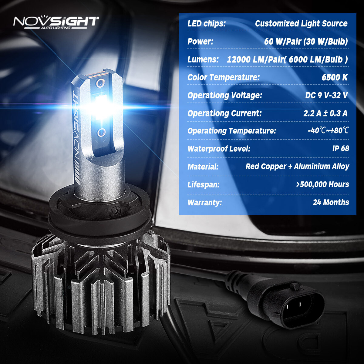 NOVSIGHT 9005 HB3/H11 H8 LED Headlight Bulbs High Low Beam 6500K 12000LM 9-32V
