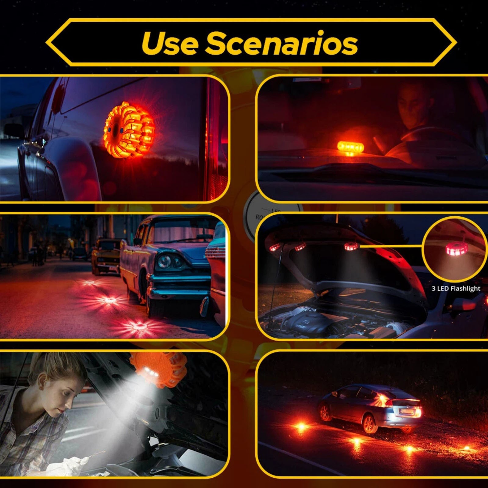 Emergency Road Flare Disc Light with 9 Warning Modes and 3 White LED Flashlight
