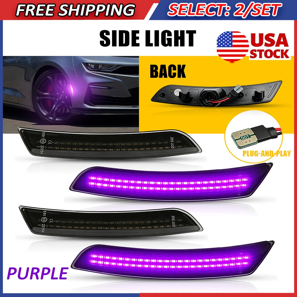8x Purple Smoked LED Side Marker Bumper Lights Lamps Fit 2016-2023 Chevy Camaro