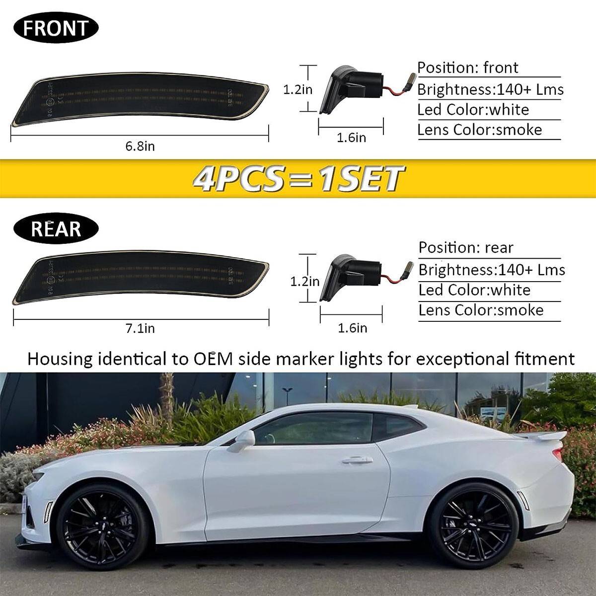 4PC LED Side Marker Lights Front Rear Fender Lamp Set for Chevy Camaro 2016-2023
