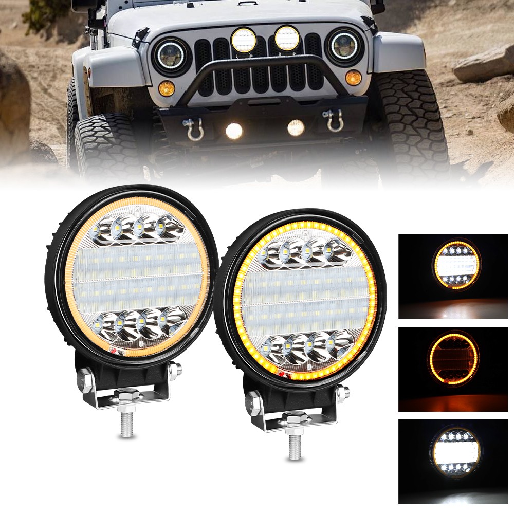 5″ White/Amber LED Work Light Bar Round Pods Fog Lamp Offroad Driving Strobe DRL