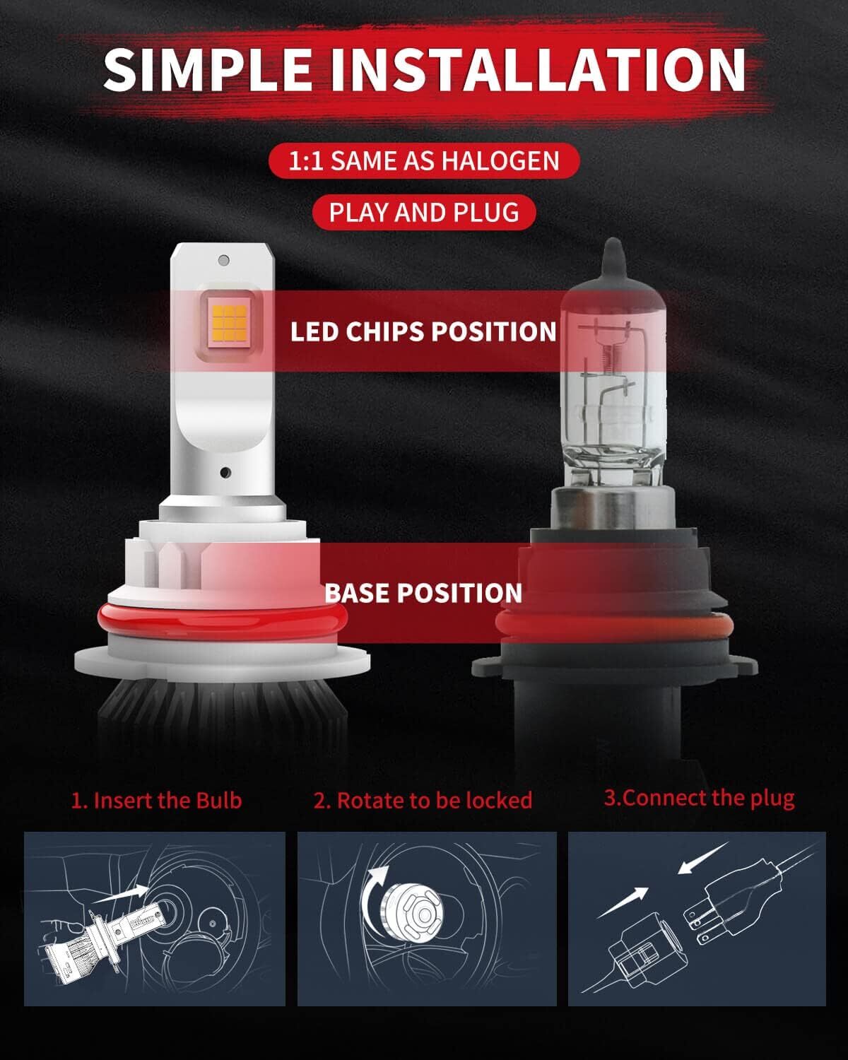 LASFIT 9007 HB5 Bulbs Super Bright Kits 60W 6000LM 6000K, 360 Adjustable Beam,