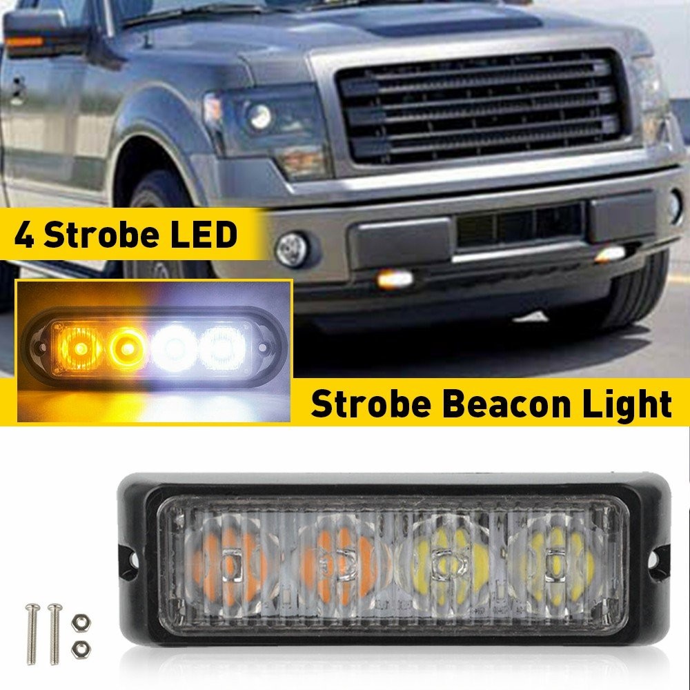 4 LED Amber White Truck Car Emergency Beacon Warning Hazard Flash Strobe Light