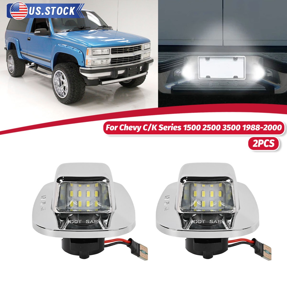 2x Chrome LED License Plate Light Tag Lamp For Chevy GMC C/K 1500 2500 ED 88-00
