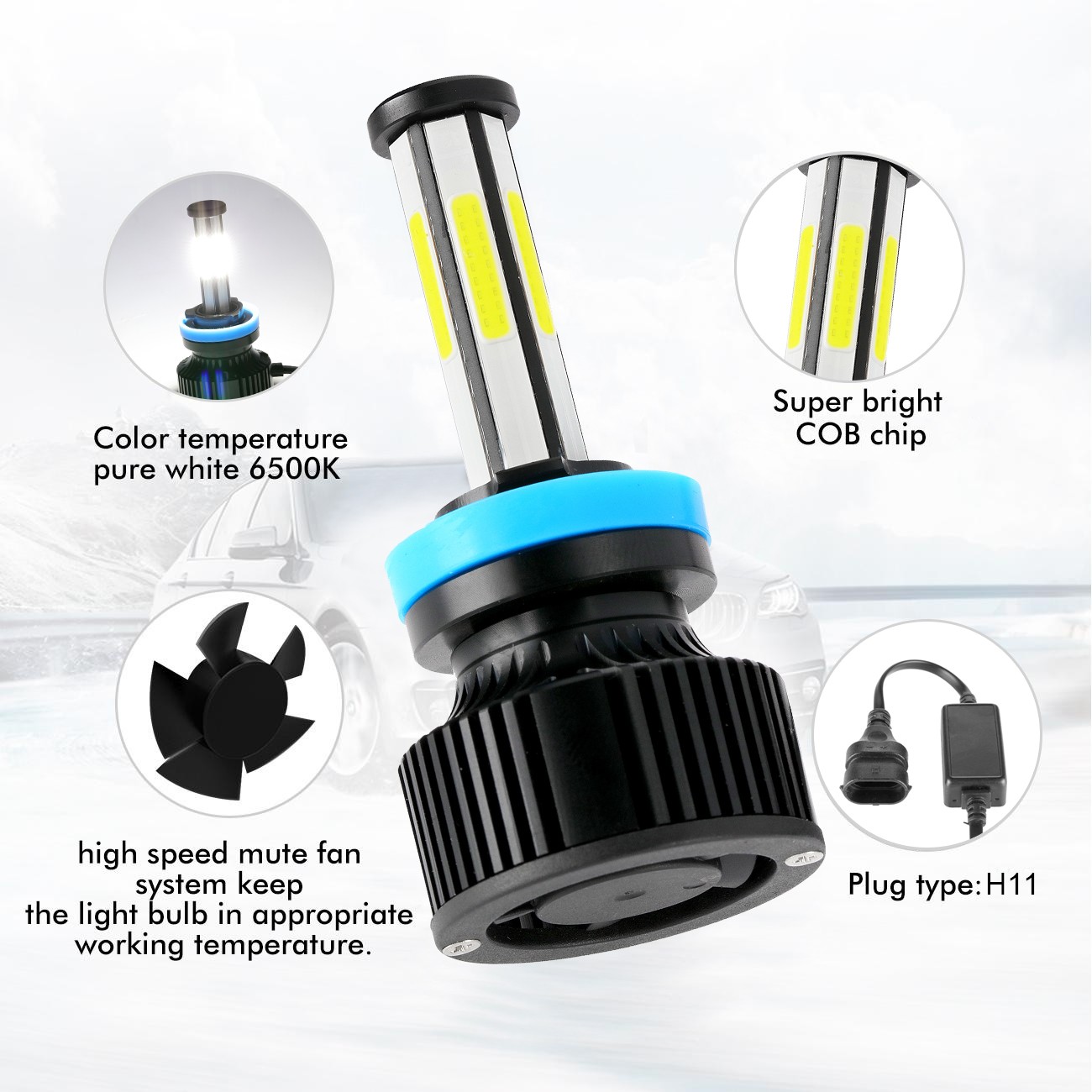 6-Sides H11 H9 H8 LED Headlight Super Bright Bulbs Kit White High/Low Beam 6500K