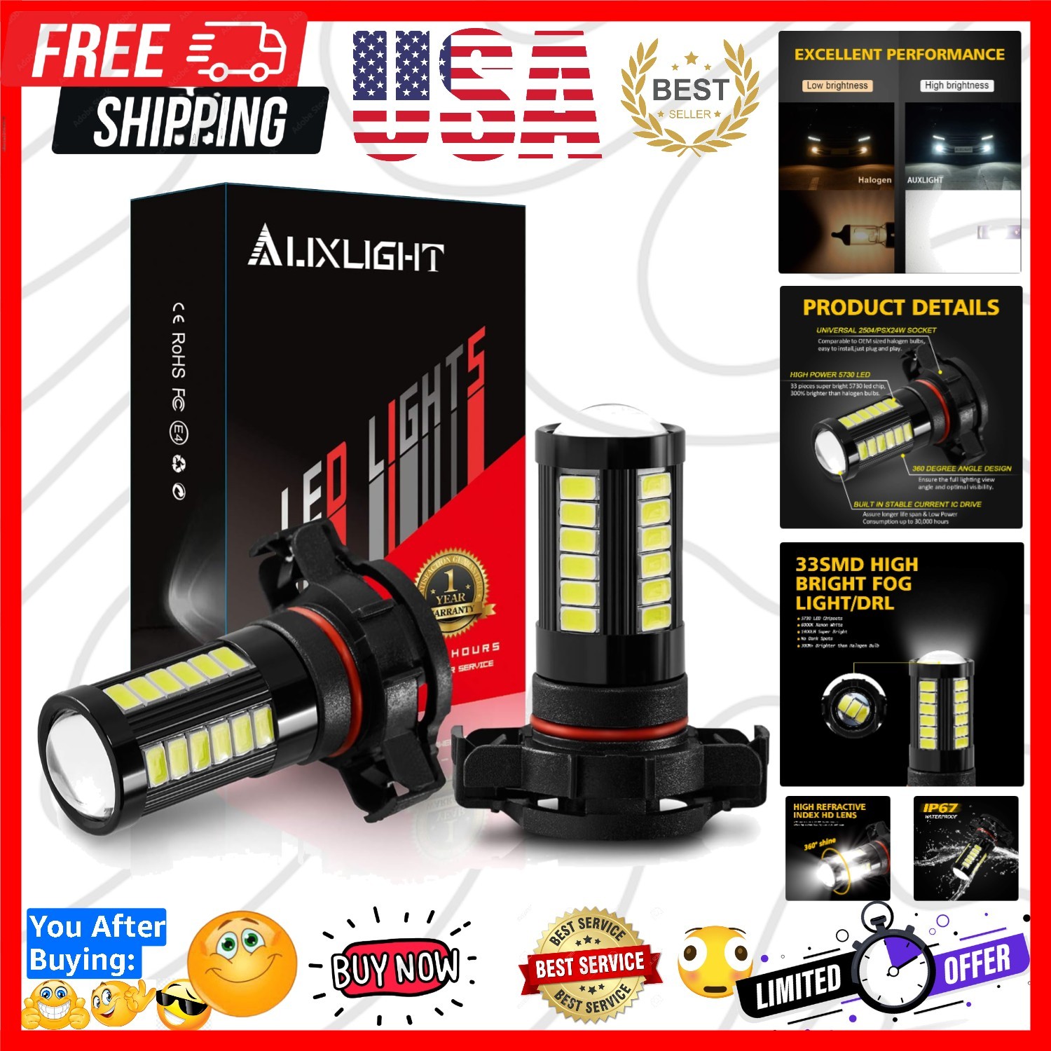2504 12276 LED Fog Light Bulbs 6000K Xenon White, Super Bright 2800 Lumens 33…