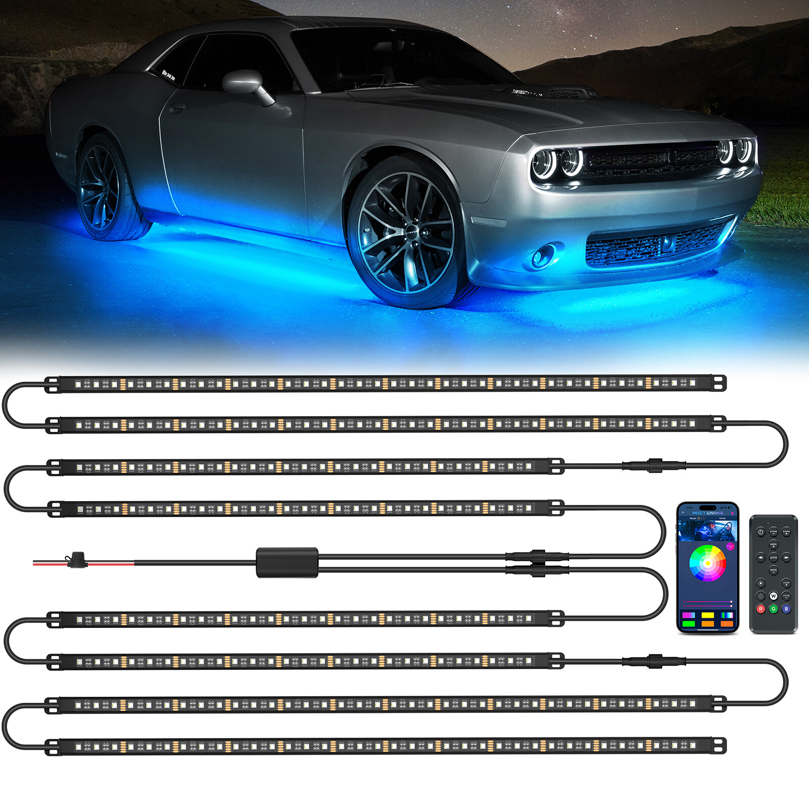 MICTUNING 8pc N8 RGBW Underglow LED Light Bar Strips Kit for Car Wireless Remote