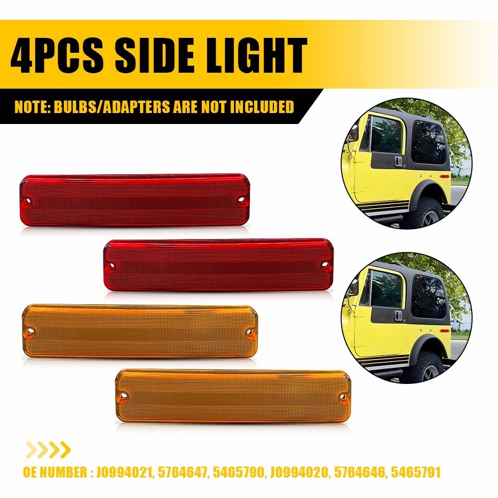 4PC Front Rear Side Marker Light Amber Red Lens For Jeep Cherokee J10 Pickup CJ5