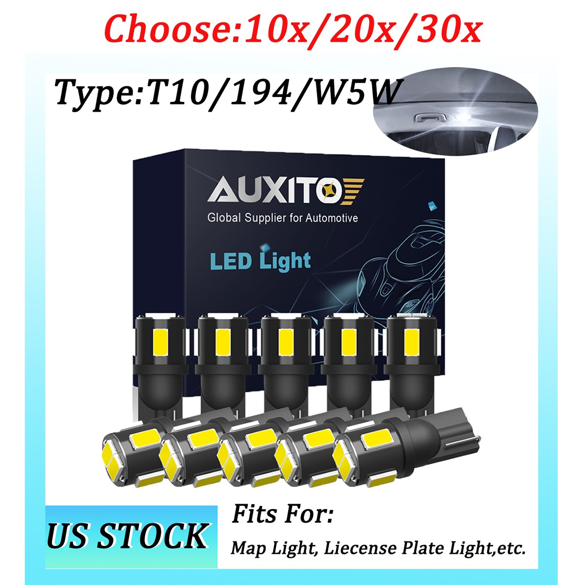 AUXITO T10 5630SMD LED Interior Light bulb Super White 6000K 194 192 168 10-30X