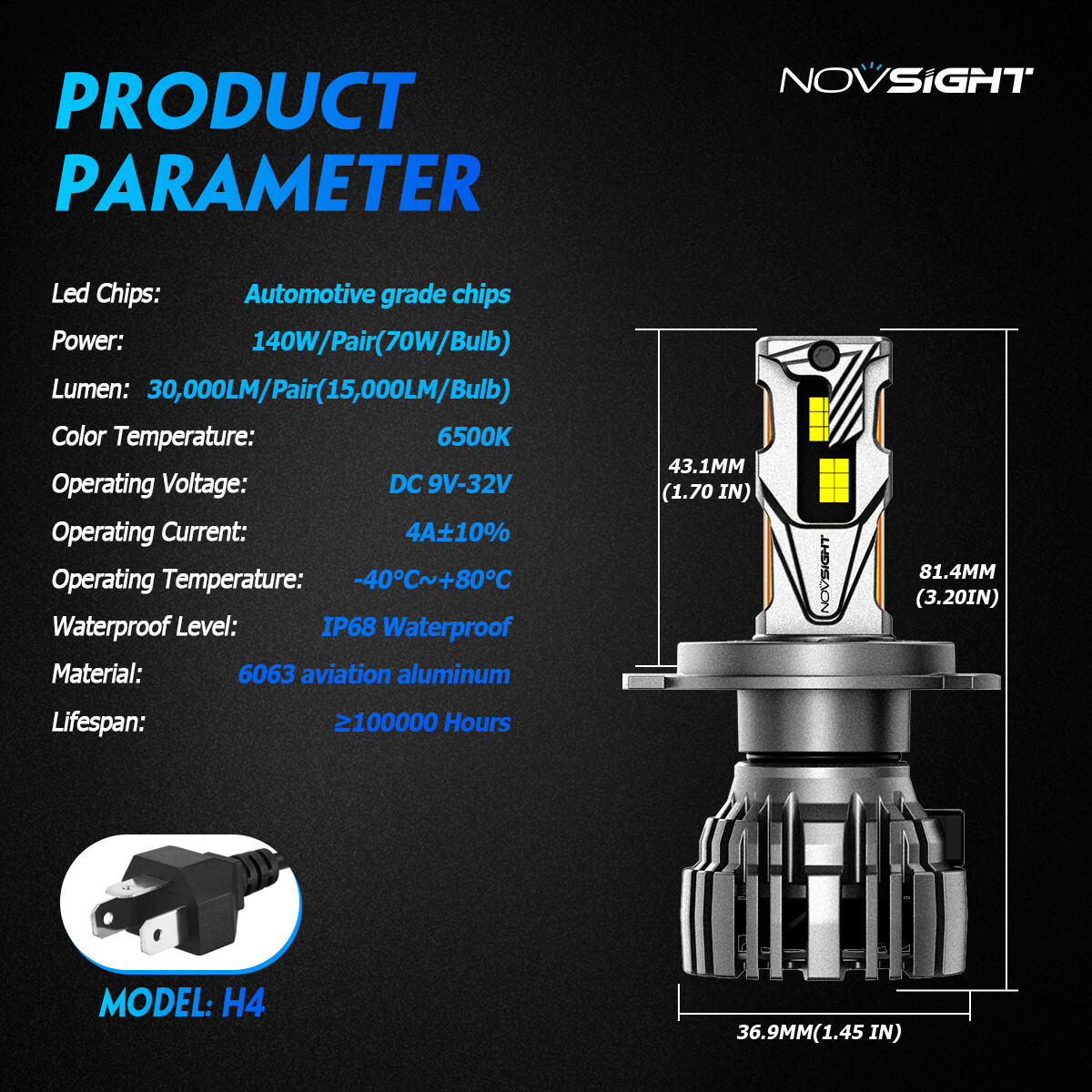 NOVSIGHT Pair 140W 32000LM H4 LED Headlight Bulbs Kit High Low Beam 6500k White