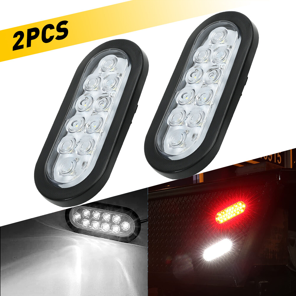 2X 6″ Inch White Oval 10LED Clear Backup Reverse Tail Trailer Light Grommet Plug