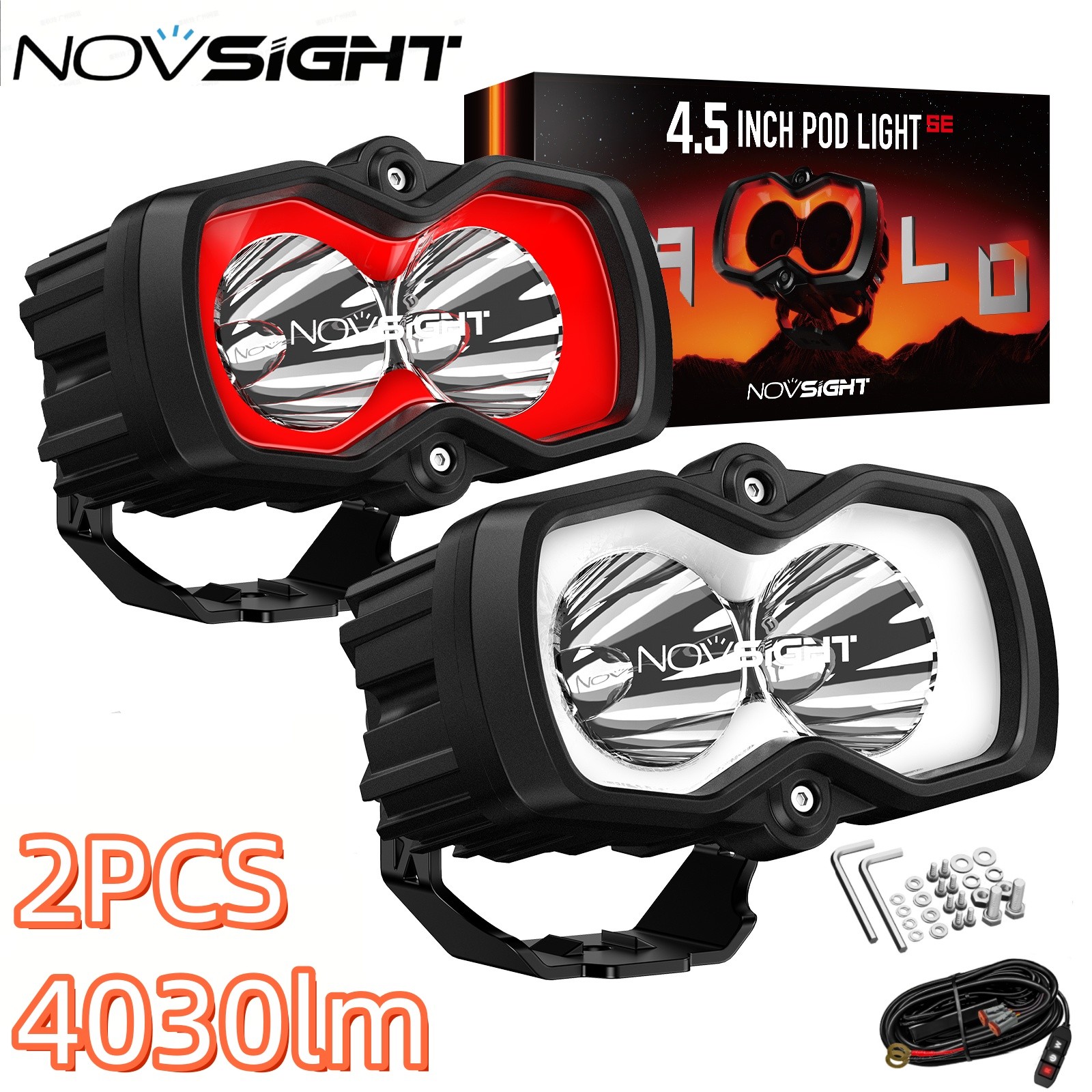 NOVSIGHT 4.5“ LED Work Lights Bar Spot Pod SUV JEEP Truck Offroad Red/White DRL